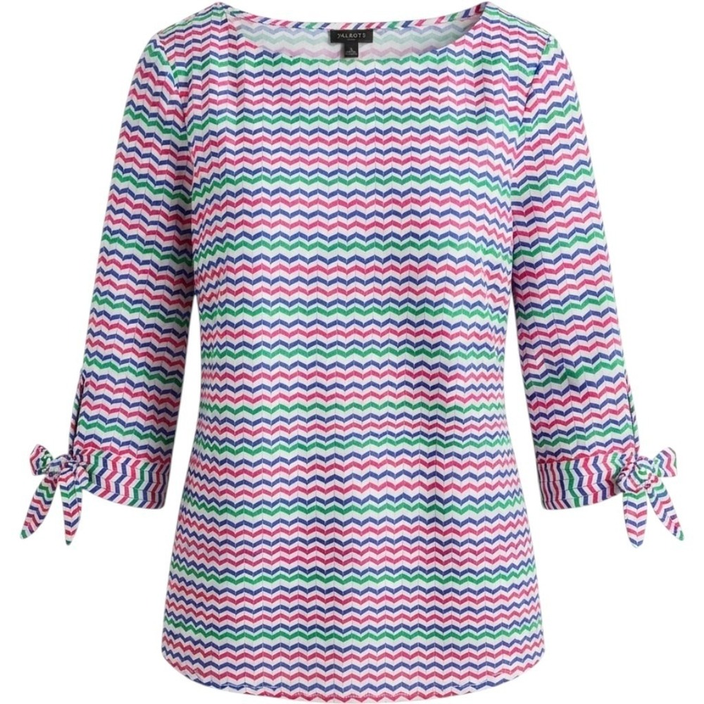 Talbots Sz L Multicolor Striped Pullover Blouse Cotton Cuffs Tie Summer Shirt